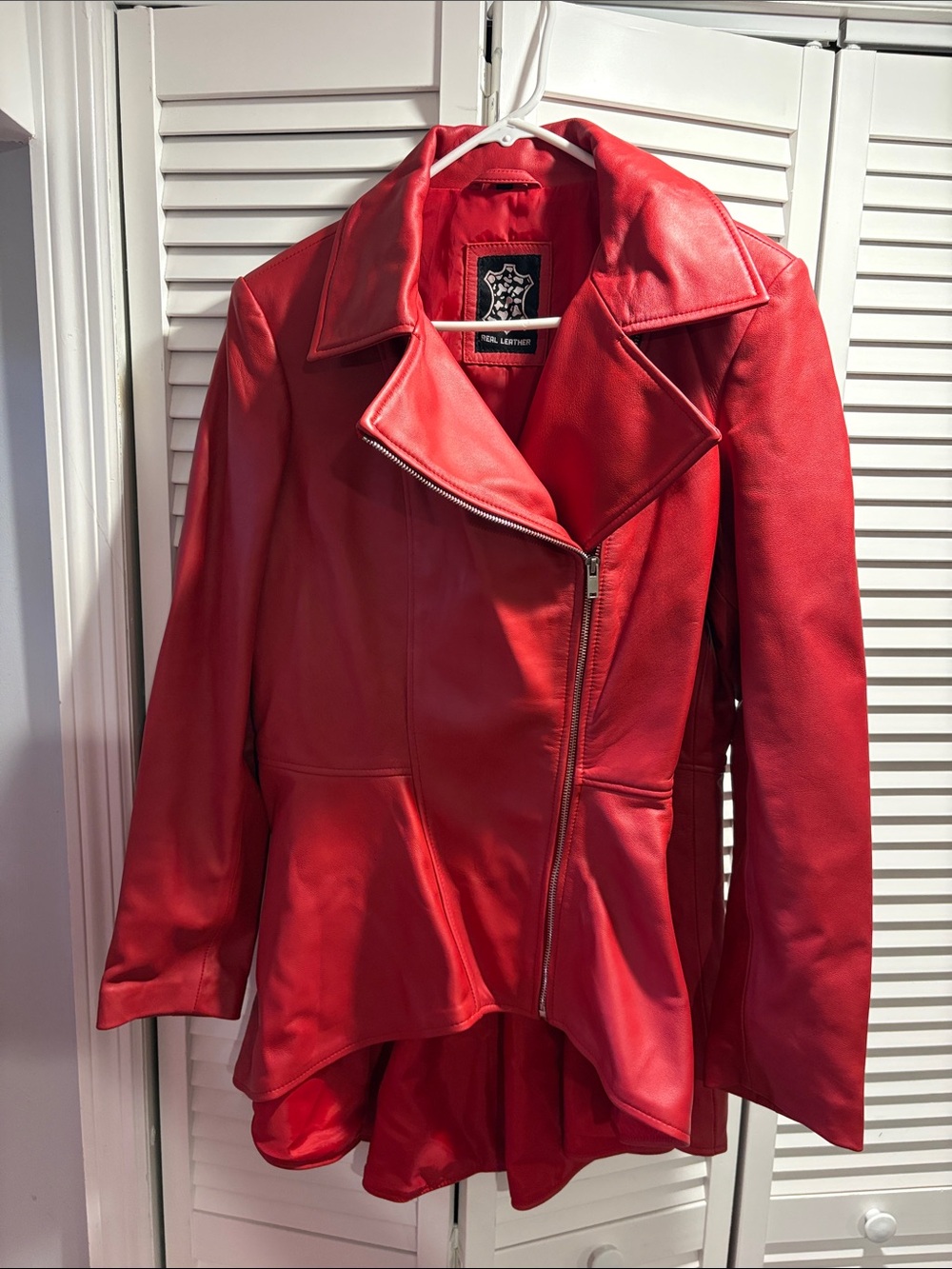 Red Asymmetrical Leather Jacket - Women